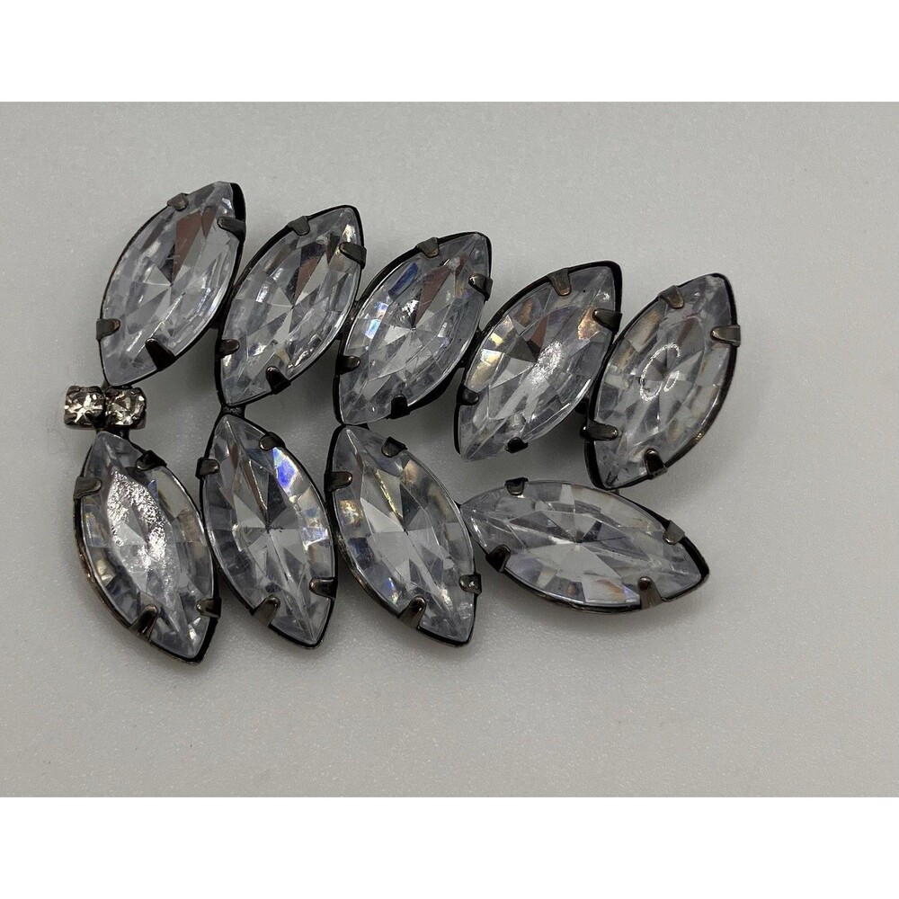 Navette Shape Clear MCM Rhinestone Brooch Pin Mid Century Modern Jewelry Leaf